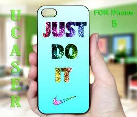 Nike Just Do It cyan bling - Photo on Hard Case for iPhone 5 Black Case Cover - Please Leave note for the case color: White Case or Clear Case 